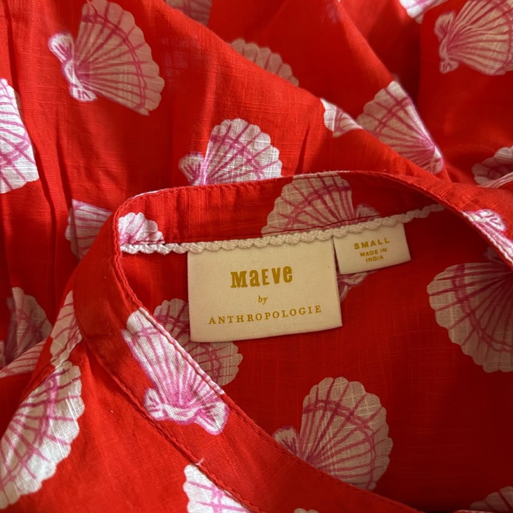 Maeve Anthropologie Shell Print red Women's puff sleeve button down blouse S - Picture 2 of 7